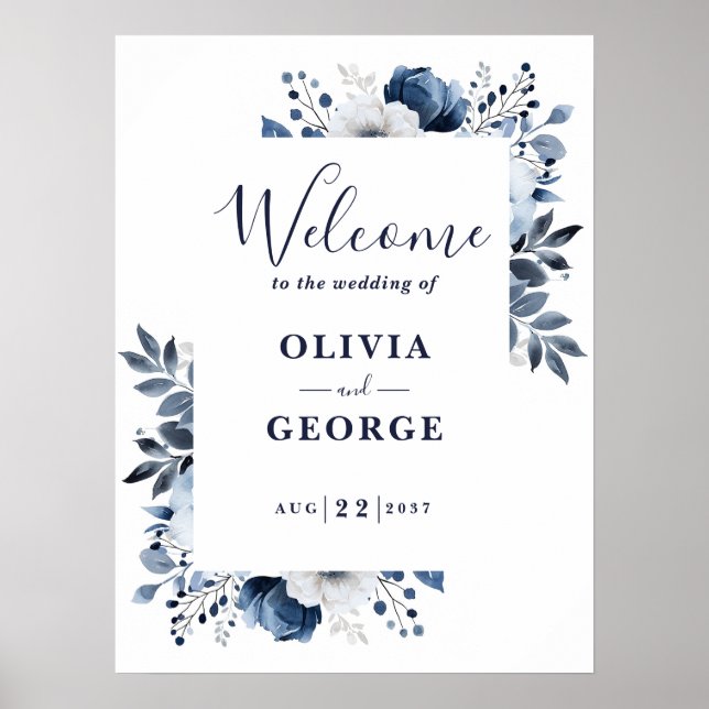 Affiche de bienvenue Mariage bleu et blanc marine (Devant)