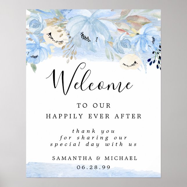 Affiche de bienvenue Mariage bleu et or (Devant)