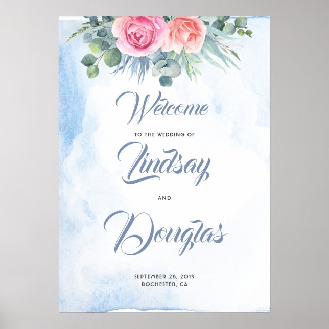 Affiche de bienvenue Mariage bleu et rose pâle (Devant)
