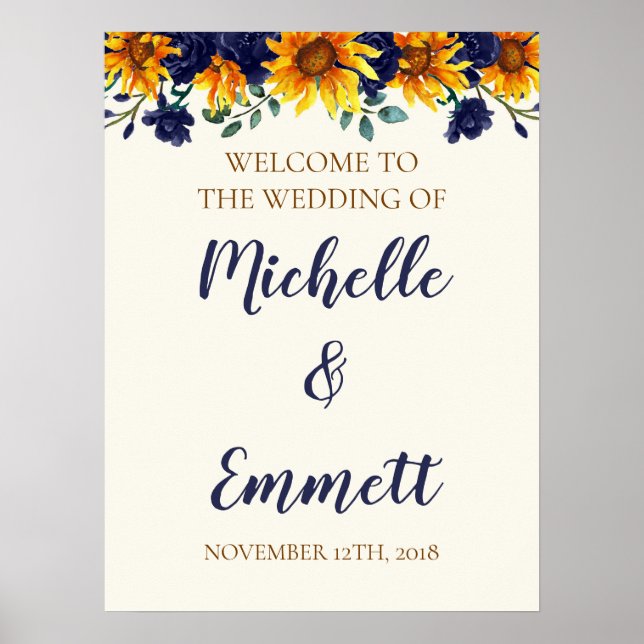 Affiche de bienvenue Mariage bleu Sunflower Navy (Devant)