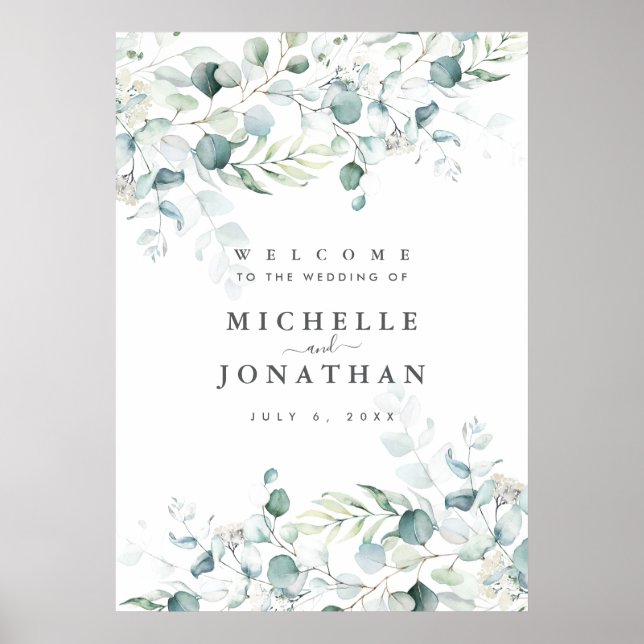 Affiche de bienvenue Mariage Blue Green Eucalyptus (Devant)