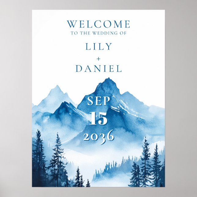 Affiche de bienvenue Mariage Blue Watercolor Mount (Devant)