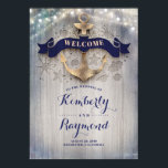 Affiche de bienvenue Mariage d'Ancre d'or nautique<br><div class="desc">Panneau d'accueil mariage marin bleu marine et or nautique</div>