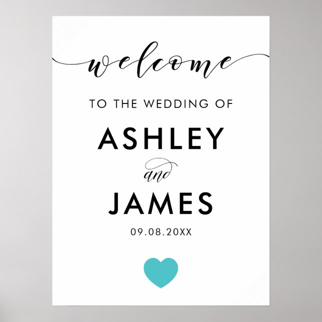 Affiche de bienvenue Mariage de coeur Turquoise (Devant)