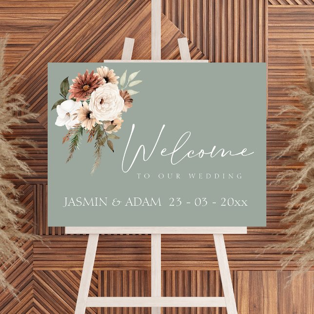 Affiche de bienvenue Mariage de pêche verte simple (Rustic Green Peach Floral Wedding Welcome Sign)