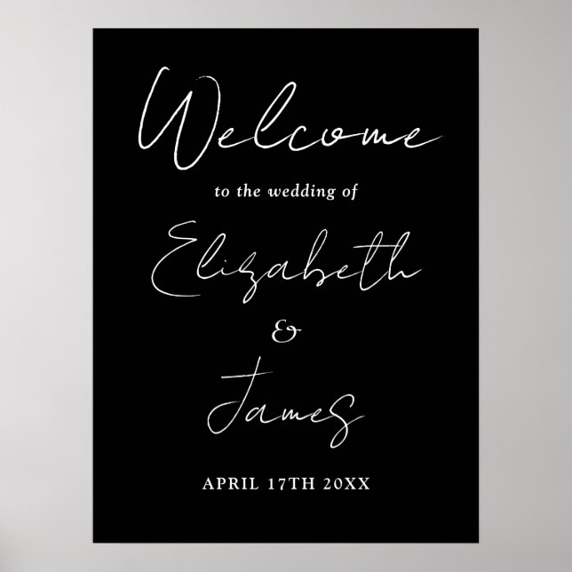 Affiche de bienvenue Mariage de script chic noir e (Devant)