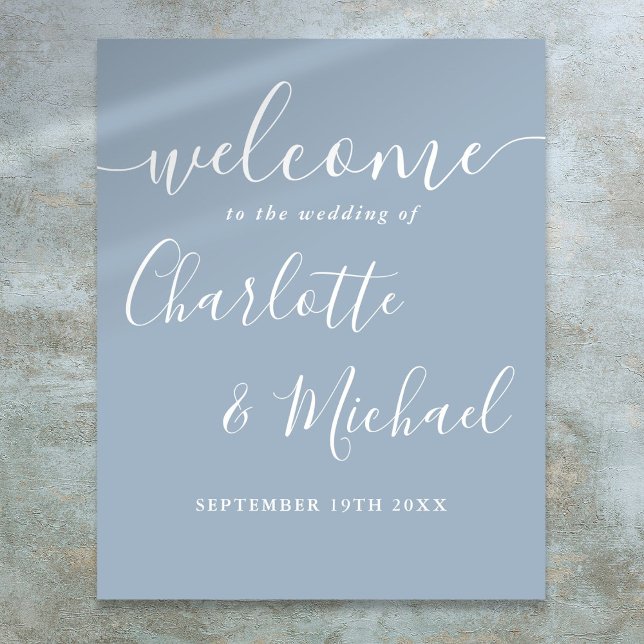 Affiche de bienvenue Mariage de script de signatur (Dusty Blue Signature Script Wedding Welcome Sign)