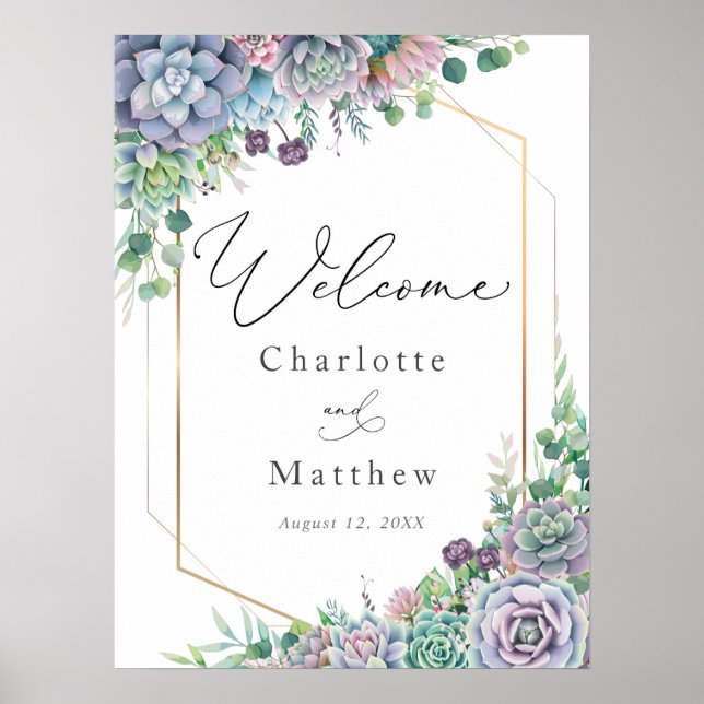 Affiche de bienvenue Mariage de trame or Succulent (Devant)