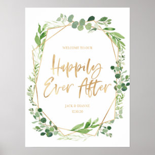 Affiche de bienvenue Mariage d'or vert heureux apr