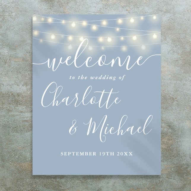 Affiche de bienvenue Mariage Dusty Blue String Lig (Dusty Blue String Lights Wedding Welcome Sign)