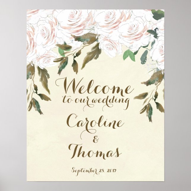 affiche de bienvenue mariage élégant blanc fleuri (Devant)