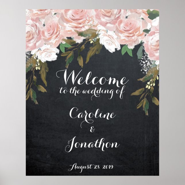 affiche de bienvenue mariage élégant rose fleuri (Devant)