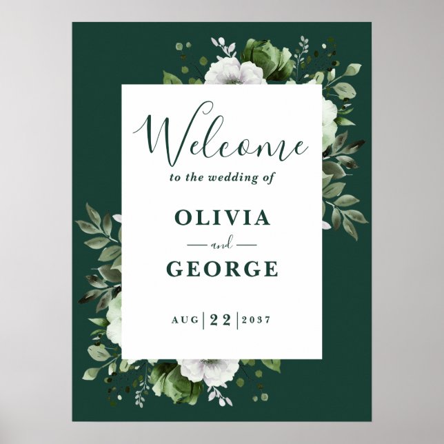 Affiche de bienvenue Mariage Emerald Green Floral (Devant)