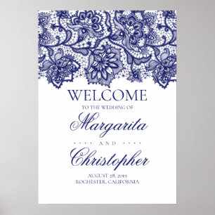 Affiche de bienvenue Mariage en dentelle bleu mari