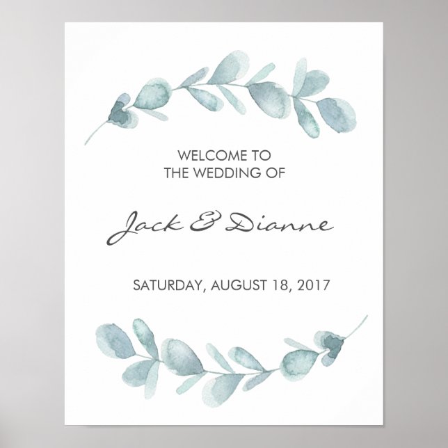 Affiche de bienvenue Mariage Eucalyptus aquarelle (Devant)