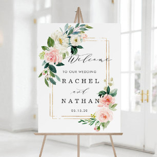 Affiche de bienvenue Mariage floral à cadre d'or b
