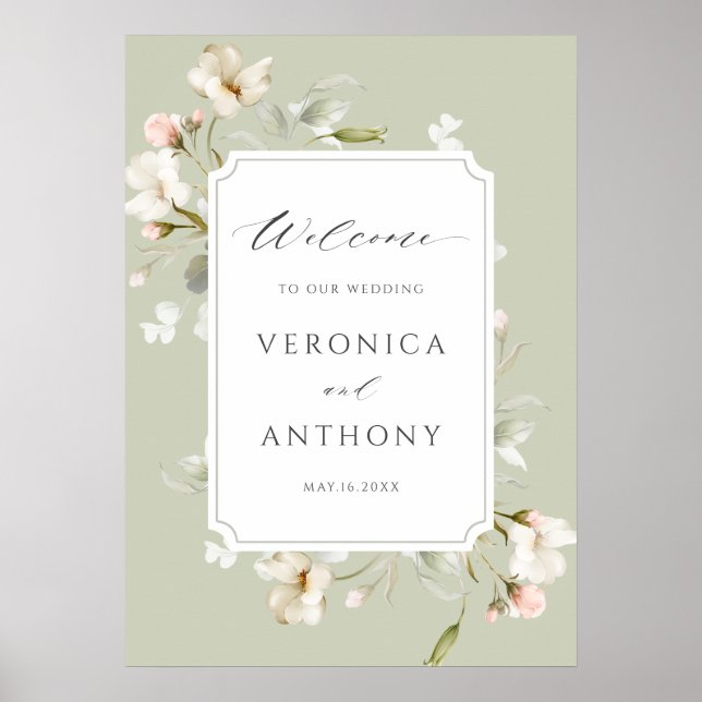 Affiche de bienvenue Mariage floral blanc Sage (Devant)