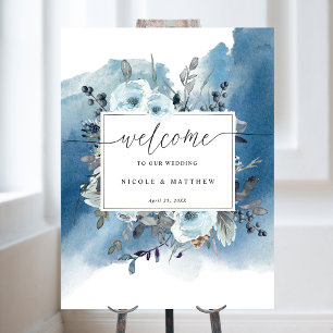 Affiche de bienvenue Mariage floral bleu chic