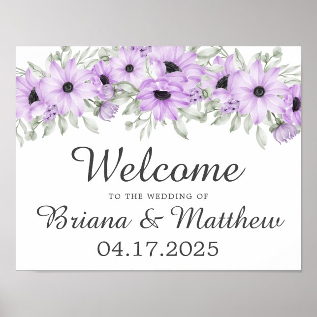 Affiche de bienvenue Mariage floral violet élégant (Devant)