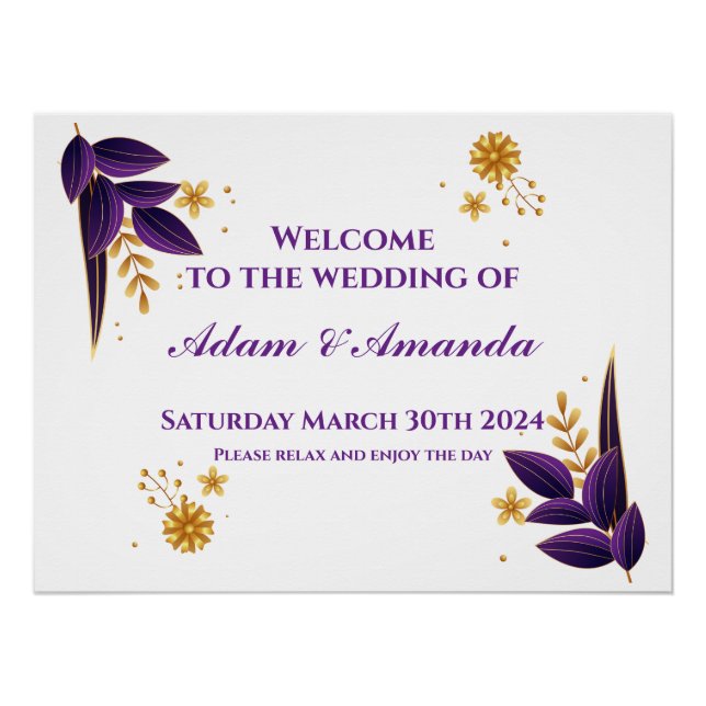 Affiche de bienvenue mariage - Floral violet et or (Devant)