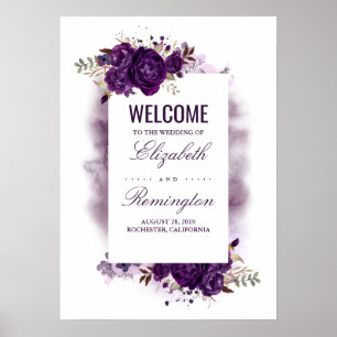 Affiche de bienvenue Mariage florale d'aubergine p