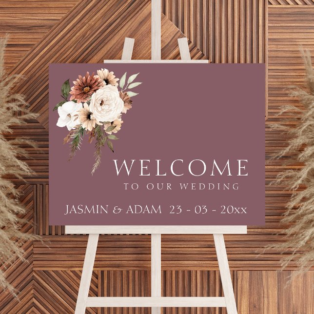 Affiche de bienvenue Mariage florale de Pêche viol (Rustic Purple Peach Floral Wedding Welcome Sign)
