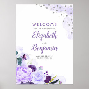 Affiche de bienvenue Mariage florale violet et arg