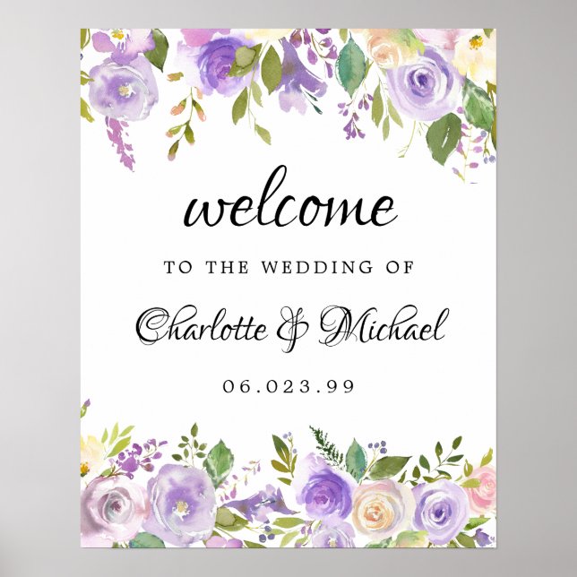 Affiche de bienvenue Mariage florale violet et ivo (Devant)