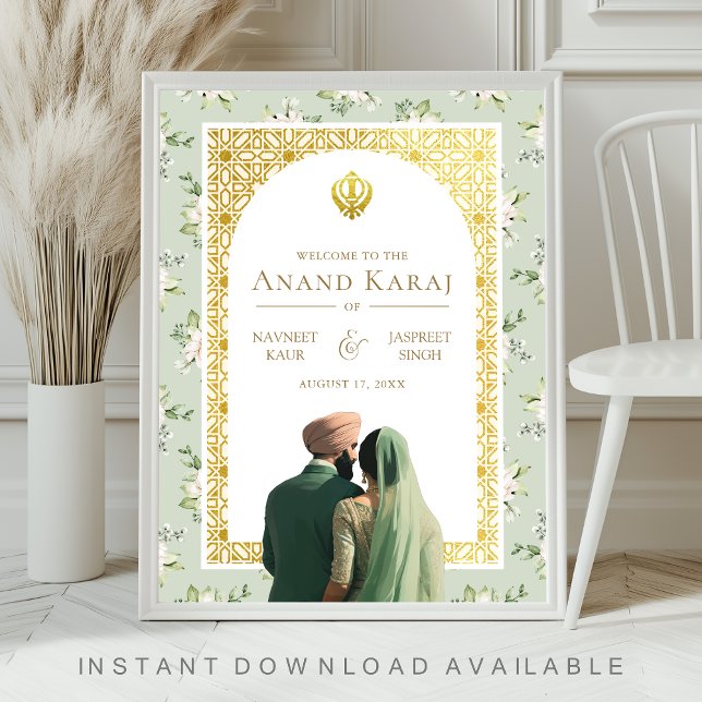 Affiche de bienvenue Mariage Green Floral Anand Ka (Créateur téléchargé)