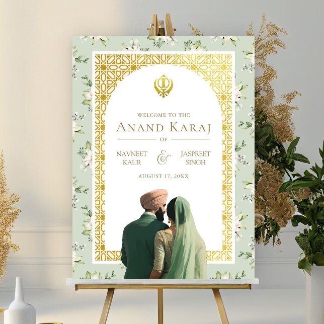Affiche de bienvenue Mariage Green Floral Anand Ka (Créateur téléchargé)