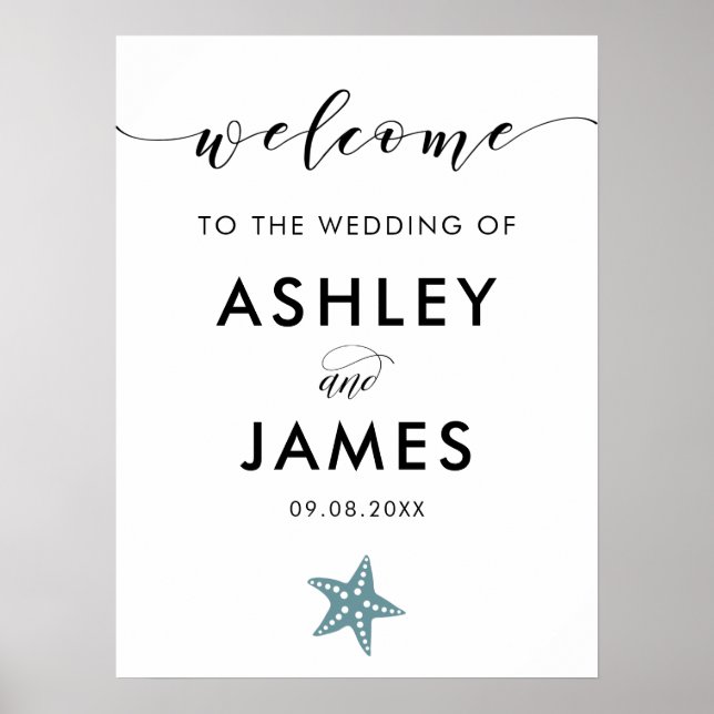 Affiche de bienvenue Mariage Gris Blue Starfish (Devant)