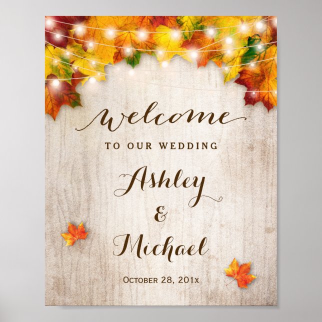 Affiche de bienvenue Mariage Lights String Leaves  (Devant)