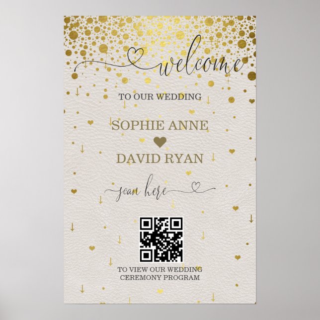 Affiche de bienvenue Mariage moderne QR Code Gold  (Devant)