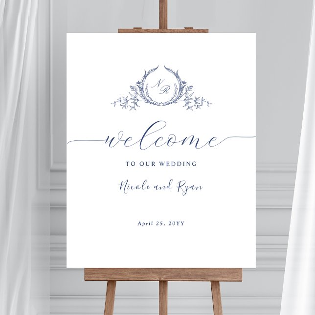 Affiche de bienvenue Mariage Monogramme bleu marin (Créateur téléchargé)