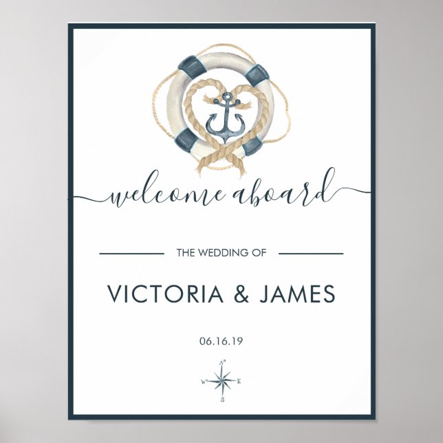 Affiche de bienvenue Mariage Nautique, Navy & Blan (Devant)