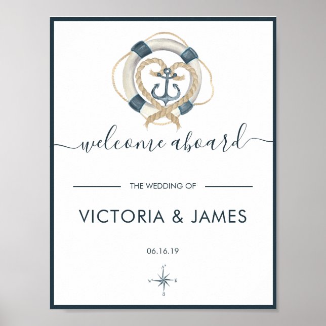 Affiche de bienvenue Mariage Nautique, Navy & Blan (Devant)