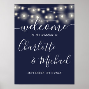 Affiche de bienvenue Mariage Navy Blue String Ligh