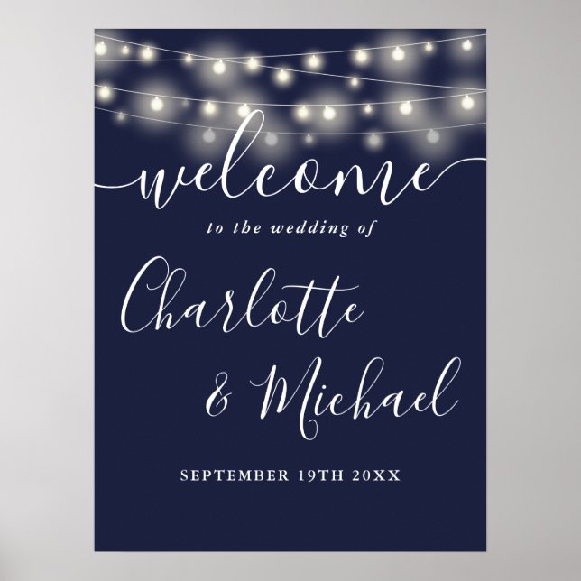 Affiche de bienvenue Mariage Navy Blue String Ligh (Devant)