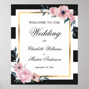 Affiche de bienvenue Mariage noir blanc or rose ro