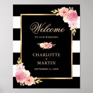 Affiche de bienvenue Mariage noir blanc or rose ro