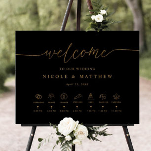 Affiche de bienvenue Mariage noir et or avec chron