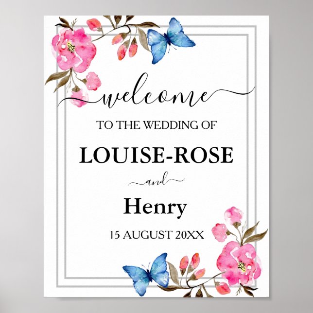 Affiche de bienvenue mariage - Papillons gris rose (Devant)