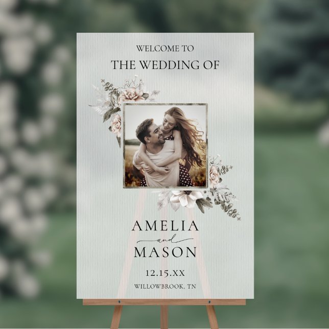 Affiche de bienvenue Mariage photo Floral Watercol (Translucent Floral Watercolor Photo Wedding Welcome Sign)