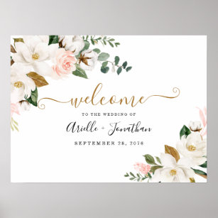 Affiche de bienvenue Mariage rose et or floral