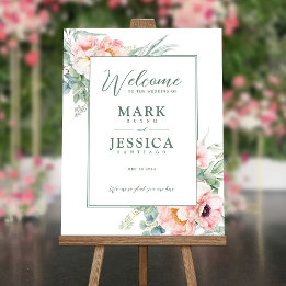 Affiche de bienvenue Mariage rose Fleur blanche