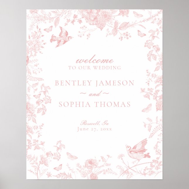 Affiche de bienvenue Mariage rose Toile De Jouy (Devant)