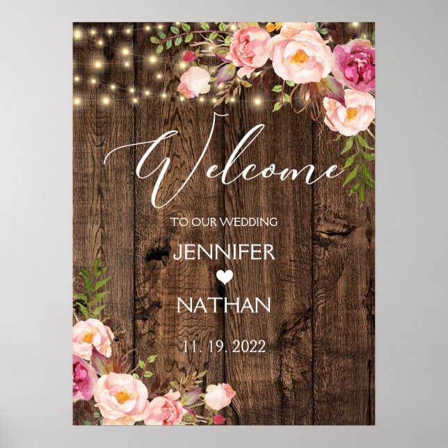 Affiche de bienvenue Mariage Rustic String Lights (Devant)