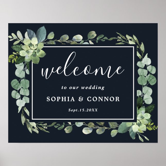 Affiche de bienvenue Mariage Succulent Bleu minuit (Devant)