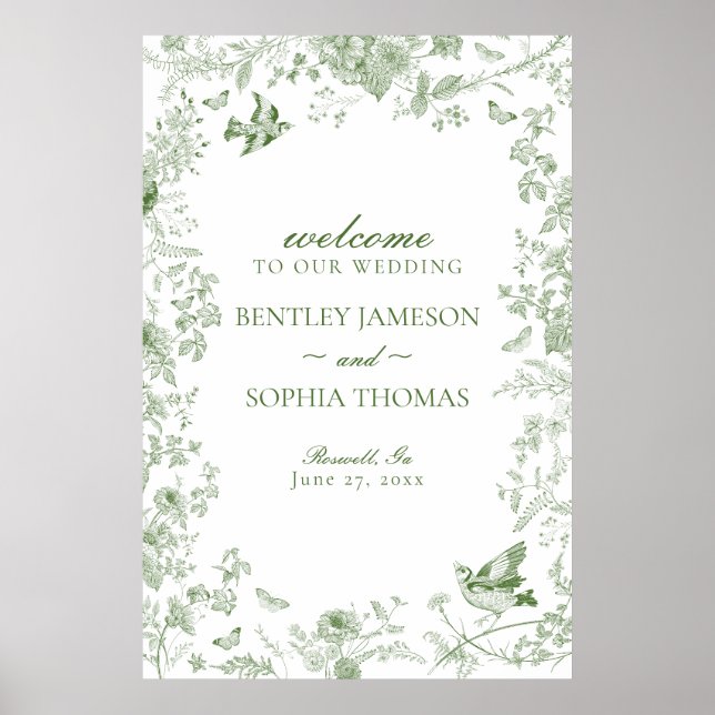 Affiche de bienvenue Mariage verte Toile De Jouy F (Devant)