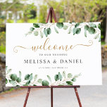 Affiche de bienvenue Mariage Watercolor Gold Green<br><div class="desc">Conçu pour coordonner avec notre collection Moody Greenery mariage, ce modèle d'enseigne de bienvenue personnalisable présente des branches d'eucalyptus aquarelle et a été jumelé à une calligraphie lunaire et une police serif classe en or et gris foncé. Pour effectuer des modifications avancées, sélectionnez l'option "Cliquez pour customiser plus loin" sous...</div>